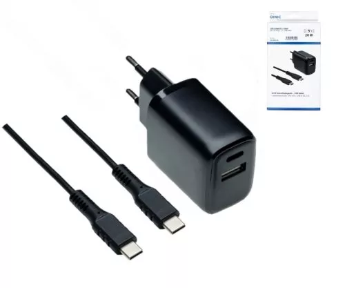 Προσαρμογέας φόρτισης USB PD/QC 3.0 με καλώδιο C-C, μαύρο 20W, 3,6V~5,9V/3A, 6~9V/2A, 9V~12V/1,5A